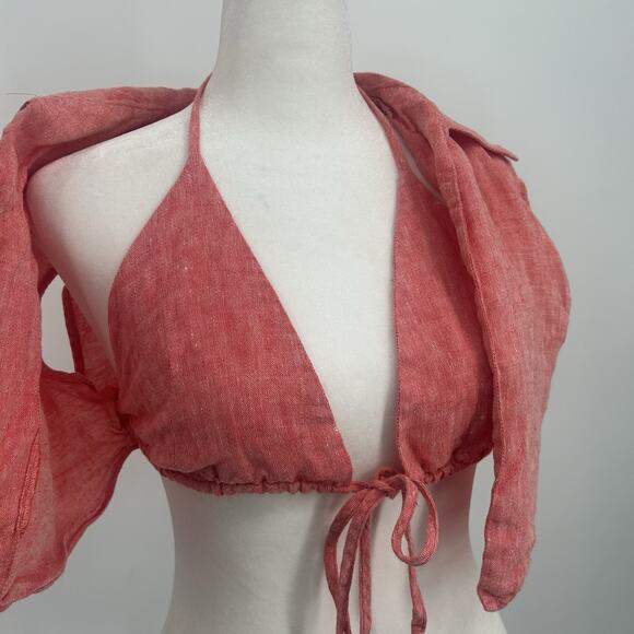 Matthew Bruch Linen Vest Womens 3 Medium Triangle Bikini Top Red Melange Linen - Picture 3 of 15